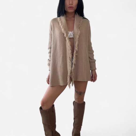 Tan Fringe Open Front Cardigan | Ribbed Knit Sweater - Picture 4 of 4